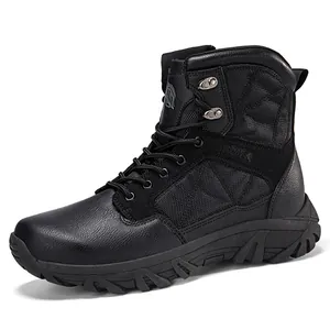Black high-top tactical hiking boots with non-slip rubber soles for outdoor activities