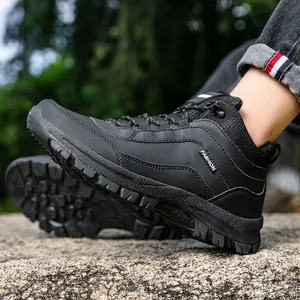 Men's black hiking boots with mesh collar and thick rubber sole for outdoor trekking