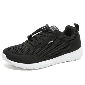 Men's breathable mesh running sneakers in black with lightweight white thick soles