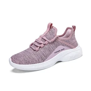 Women's breathable mesh running sneakers with thick white soles in light purple finish