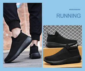 Outdoor wearing view and side profile of black breathable mesh sock sneakers for men