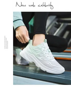 Detail of lightweight breathable mesh sneakers with mint green accents in a gym setting