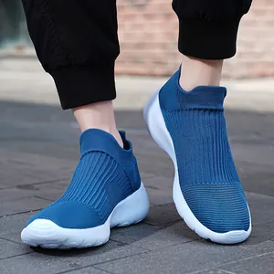 Navy blue breathable knit sock sneakers for men and women with white flexible soles