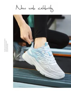 Close-up of breathable mesh running shoes with iridescent details on a treadmill