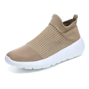 Lightweight khaki knit sock sneakers for men and women with white foam cushion sole