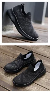 Detail of black knit slip-on sneakers with metallic glitter finish and honeycomb non-slip sole