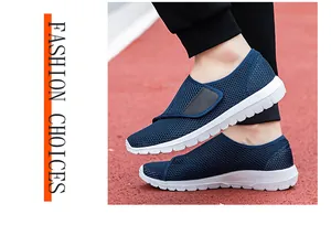 Detailed shot of dark blue breathable honeycomb mesh shoes with velcro strap closure