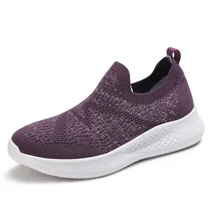 Women's deep purple breathable knit slip-on sneakers with thick white honeycomb sole