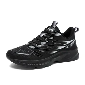 Women's breathable black mesh running sneakers with lightweight thick sole and silver accents