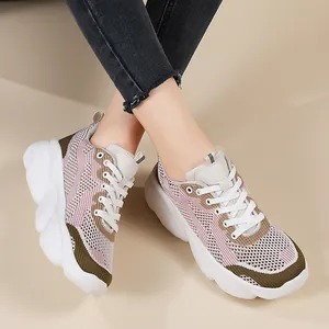 Zapatillas de malla transpirable rosa y verde para mujer con suela de plataforma