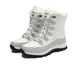 Detail view of winter snow boots with warm faux fur lining and anti-slip rubber soles
