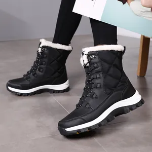 Women's black quilted snow boots with warm faux fur lining and non-slip outdoor rubber soles