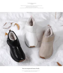 Detailed view of warm winter snow boots in three colors with thick plush faux fur lining