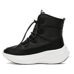 Women's black thermal high-top snow boots with drawstring closure and white platform sole