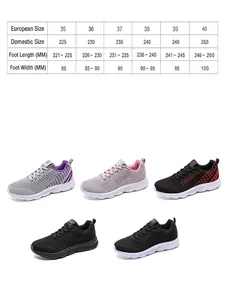 Size chart showing EUR sizes 35-40 with foot length and width for breathable sneakers
