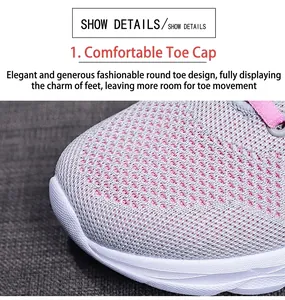 Close-up of gray breathable mesh upper and pink laces on the round-toe sports shoes