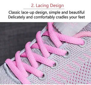 Detail of grey mesh fabric and pink laces on breathable women's running sneakers