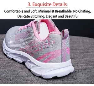 Macro detail of breathable mesh fabric and pink striped pull tab on the sneaker heel