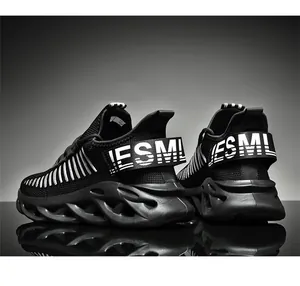 Detailed view of breathable knit upper and wavy hollow cushioning midsole on black sneakers