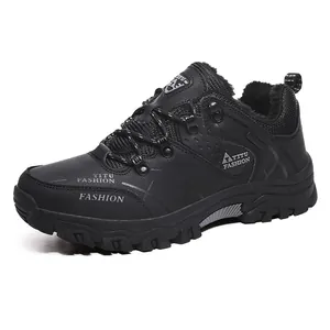 Scarpe da trekking da uomo in pelle nera con fodera calda in peluche e suola antiscivolo robusta
