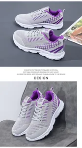 Macro shot of breathable grey mesh sneakers with purple accents and non-slip sole detail