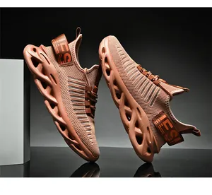 Detailed macro view of caramel mesh running shoes with hollow cushioning blade soles