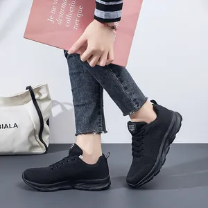 Women's breathable black mesh walking sneakers with cushioned sole for work and sports
