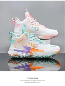 Detail von High-Top-Basketballschuhen mit Mesh-Obermaterial und Flammen-23-Mustern