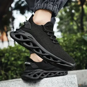 Men's lightweight black mesh running shoes with hollowed out shock-absorbing wavy sole
