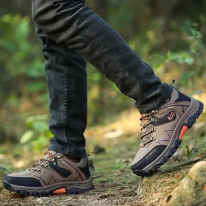 Men's khaki outdoor hiking shoes with non-slip rubber soles for rugged forest trails