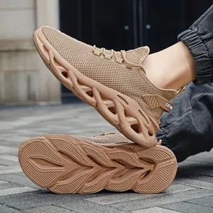 Detail view of khaki mesh running shoes with hollowed tech midsole and anti-slip sole