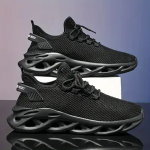 Detail of men's black mesh sneaker showing breathable fabric and hollow shock-absorbing sole