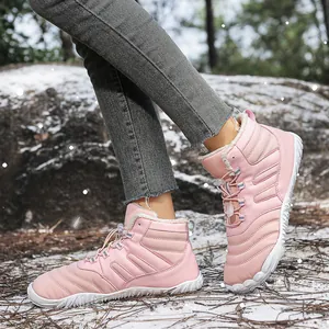 Pink waterproof winter snow boots with warm fleece lining and non-slip rubber soles for women