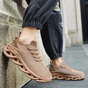 Men's khaki breathable mesh sneakers with chunky hollow wave midsole for running
