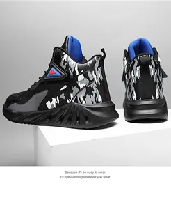 Detail showing high-top camouflage men's sneakers with thick black rubber soles and blue trim