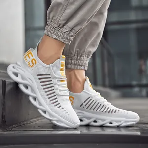 White mesh breathable men's running sneaker with wave-shaped hollow shock-absorbing sole