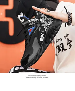 Detail of high-top camouflage sneakers with thick cushioned soles and red-blue accents