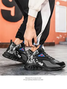 Macro side view of high-top sneakers showing camo patterns and non-slip thick soles
