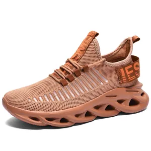 Brown breathable knit mesh running shoes with hollowed blade sole and lace-up closure