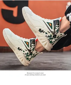 Detail of high-top sneaker showing green camo pattern and orange triangular accents
