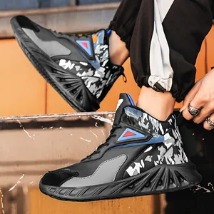 Men's high-top elevator sports shoes in black and camouflage on street background