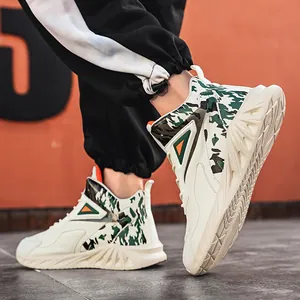 Men's high-top height-increasing sneakers with green camouflage and thick chunky soles
