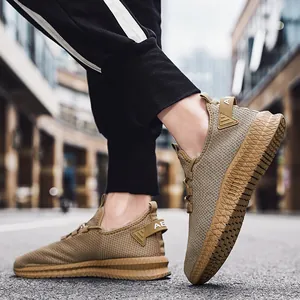 Men lightweight khaki flyknit sneakers with thick soles and breathable woven mesh fabric