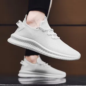 Men's white breathable mesh running shoes with thick lightweight cushioning soles