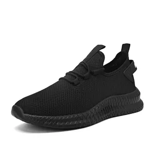 Men's lightweight black mesh running shoes with thick wavy non-slip breathable soles