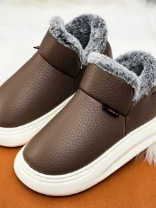 Chaussures d'Hiver Chaudes en Coton Unisexe Cuir Artificiel Texture Litchi Semelle Épaisse Doublé de Fausse Fourrure Bottes de Neige Décontracté Antidérapant