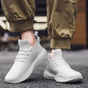White breathable mesh running shoes for men with shock-absorbing thick sole for city sports