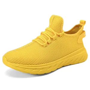 Breathable yellow mesh running sneakers with thick cushioned foam sole for men