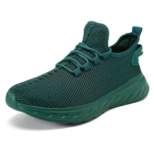 Men's breathable dark green mesh running shoes with thick cushioned soles from 45-degree angle