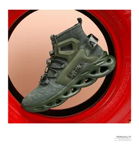 Detail view of military green high-top running shoe featuring breathable knit and hollow sole